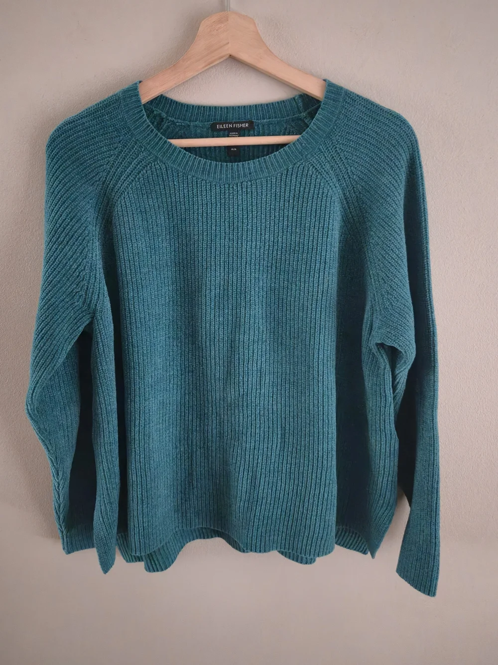 Eileen Fisher 100% Organic Cotton Sweater Green Teal Knit Crew Neck
